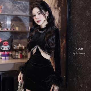 Đầm dự tiệc, váy đi dự tiệc chất nhúng kim cương ôm body dài tay cut eo đính đá sang chảnh tiểu thư sexy thiết kế LEVAN