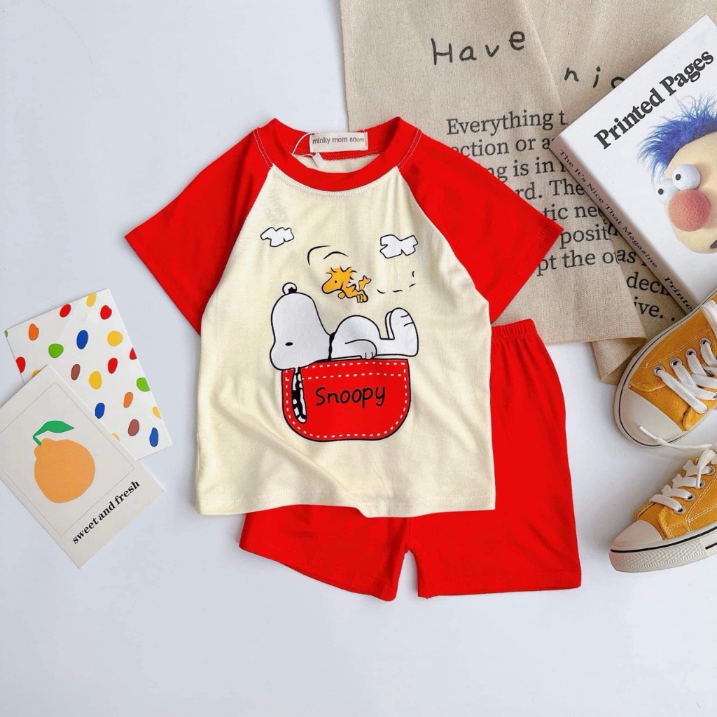 [Mã 5MINI2 giảm 30K đơn 99K] Quần áo trẻ em MINKY MOM, bộ cộc tay thun lạnh cho bé trai, bé gái in hình khủng long