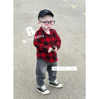 Sét áo sơ mi caro đỏ quần bò khói cho bé