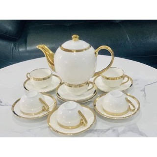 Bộ ấm chén xanh , trắng đẹp mạ viền vàng