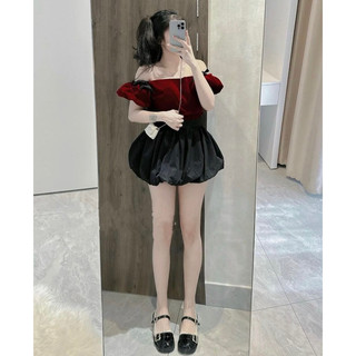 Hion Store - Set áo đỏ trễ vai nơ + cv đen