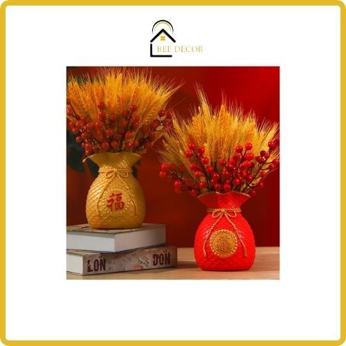 Bình hoa túi tiền Tết 2024, lọ 06 cành đào đông, bông lúa mạch mini giả trang trí, decor để bàn năm mới Nguyên Đán
