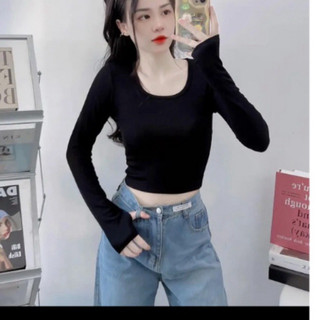 áo croptop tay dài cổ tròn thun tăm lạnh ảnh thật ls