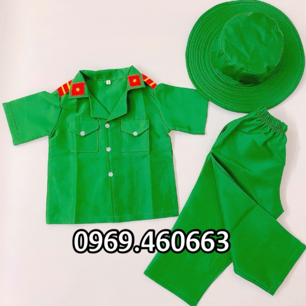 Quần Áo Bộ Đội + Mũ Cho Bé Mầm Non Vải Mới Mỏng, Mềm, Mát, Thoải Mái. Trang Phục Hóa Trang Chiến Sĩ Bộ Đội