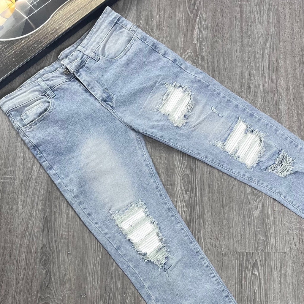 Quần jean nam vá da amiri chất bò rách cao cấp co dãn 4 chiều cực đẹp rin trơn from dáng skinny đẹp quần rin nam Q09