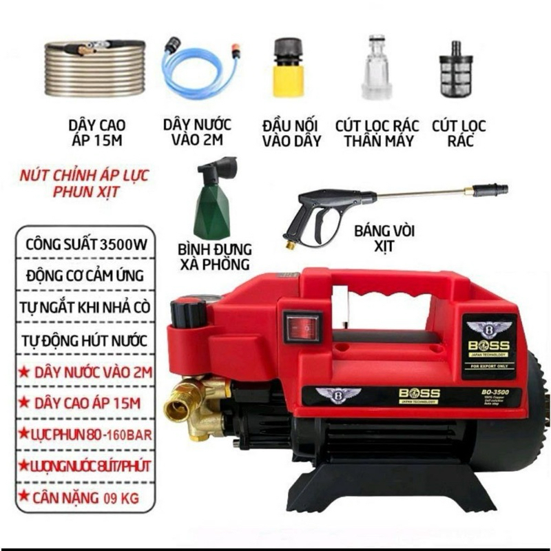 Máy Rửa Xe Chỉnh Áp boss công nghệ 2024, Máy Xịt Rửa Gia Đình Công Suất 3500w Lõi Đồng 100%