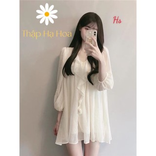 Đầm babydoll ulzzang tay phồng, Váy trắng babydoll tay bồng cổ v dáng ngắn AS42