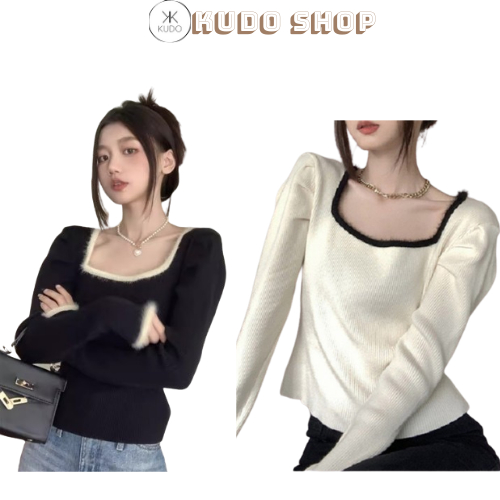 Áo len kiểu sanh chảnh tiểu thư , áo len cổ vuông có viền tay rúm hottrend Hàn Quốc Kudoshop