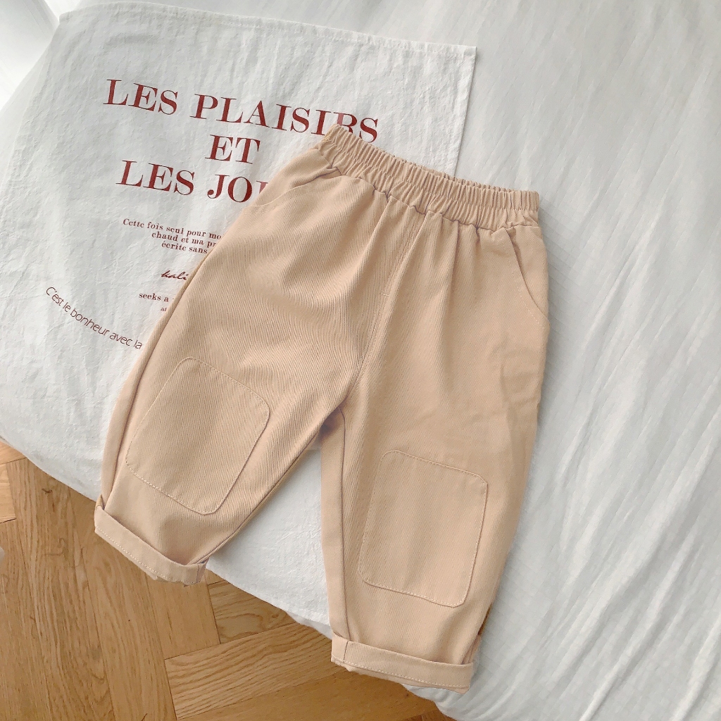 Te472- Quần dài kaki mềm mịn Hokiha Kids đáp gối siêu xinh cho bé trai bé gái từ 8-16kg