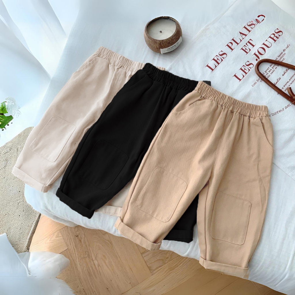 Te472- Quần dài kaki mềm mịn Hokiha Kids đáp gối siêu xinh cho bé trai bé gái từ 8-16kg