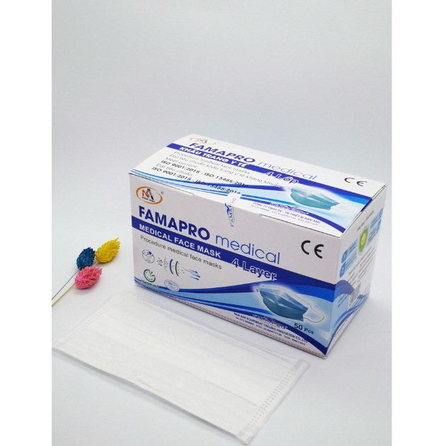 Khẩu trang y tế Famapro màu trắng 4 lớp hộp 50 chiếc