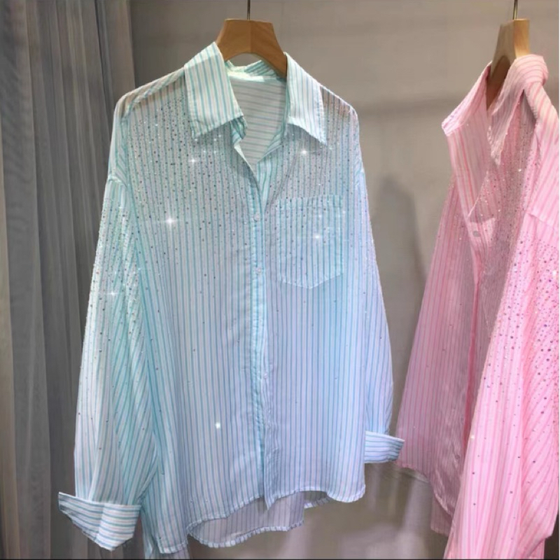 Sơ mi kẻ đính đá quảng châu (sẵn xanh sz L)