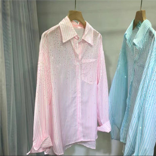 Sơ mi kẻ đính đá quảng châu (sẵn xanh sz L)