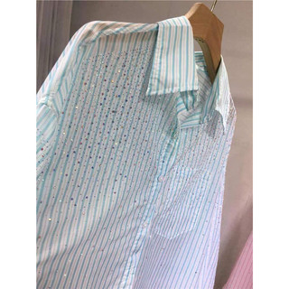 Sơ mi kẻ đính đá quảng châu (sẵn xanh sz L)