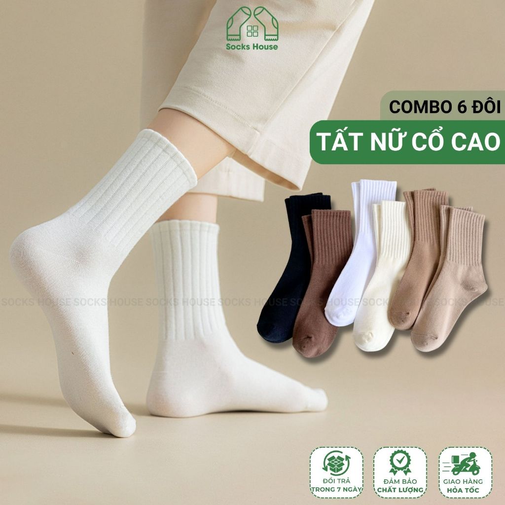 Combo 6 đôi tất nữ cổ cao trơn màu Socks House, chất liệu cotton mềm mại khử mùi hôi - OAS-1701-CB6