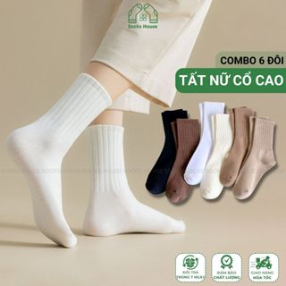 Combo 6 đôi tất nữ cổ cao trơn màu Socks House, chất liệu cotton mềm mại khử mùi hôi - OAS-1701-CB6
