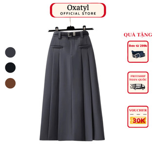 Chân váy dáng dài xếp ly tặng kèm đai váy chất vải cottong dày váy công sở cao cấp Oxatyl V103