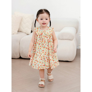 Váy Bé Gái Carrot, Dáng Baby Doll Cổ Sen, Họa Tiết Hoa Nhí Đỏ, Chất Thô Cotton Thấm Hút Mồ Hôi