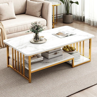 Bàn trà sofa phòng khách thiết kế 2 tầng chân kim loại chắc chắn mặt bàn vân đá mặt gỗ MDF phong cách hiện đại