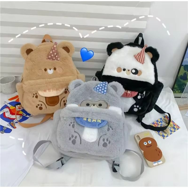 Ba lô đeo vai nữ hoạt hình gấu nâu, gấu xám đội nón dễ thương