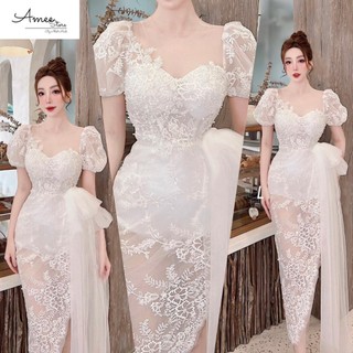 Váy ren hoa vạt xéo xẻ cao phối nơ lưới tà rơi vai bòng nhẹ 240724