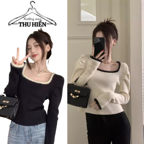 Áo len kiểu nữ , Áo len bánh bèo cổ vuông tay rúm hottrend Hàn Quốc Xuongmaythuhien