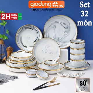 Bộ chén đĩa sứ 32 món viền vàng cao cấp phong cách bắc âu, bộ bát đĩa sứ dành cho 6 người ăn gốm sứ cao cấp