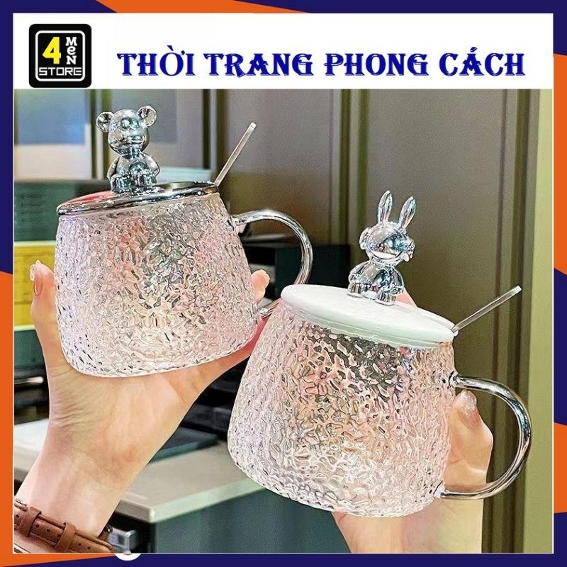 Cốc Thủy Tinh NẮP GẤU Dễ Thương 450ml Kèm Thìa - Ly Thủy Tinh Chịu Nhiệt - Cốc Uống Trà Cà Phê, Cốc Ăn Ngũ Cốc, Sữa Chua