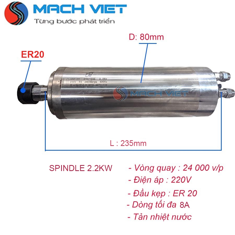 Động cơ phay Spindle (GDZ) 2.2kW - ER20 220V/380V -  tản nhiệt Nước/Gió
