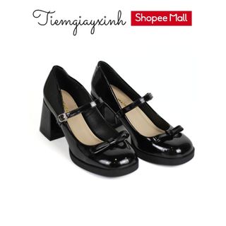 Giày cao gót 7 phân NIN SHOES Cao gót Mary Jane đế vuông bít gót tag nơ quai cài bên hông dành cho nữ CGM0172