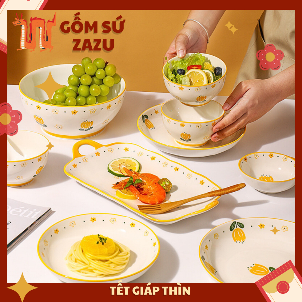 Bộ Chén Bát Cao Cấp Hoa Tuylip Decor Phòng Bếp Gốm Sứ ZAZU, bộ bát đĩa đẹp, bộ chén dĩa gia đình