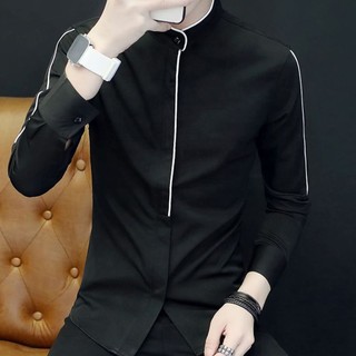 Áo sơ mi nam dài tay cổ tàu phối viền kiểu dáng đơn giản lịch lãm H19