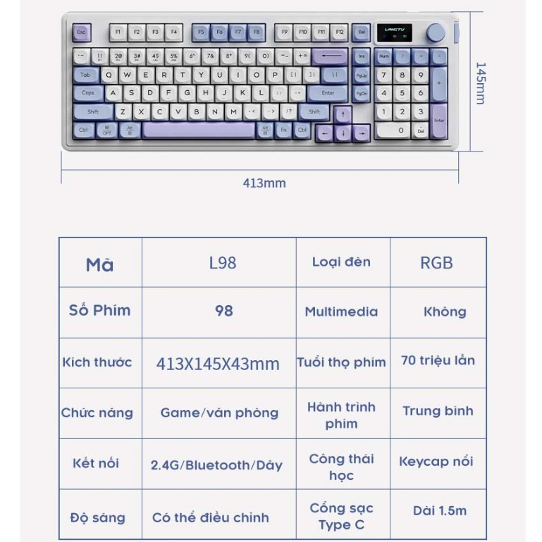Bàn phím LANGTU L98 bàn phím bluetooth không dây/có dây silent pin sạc Led RGB hỗ trợ window/mac,ios...gaming văn phòng | BigBuy360 - bigbuy360.vn