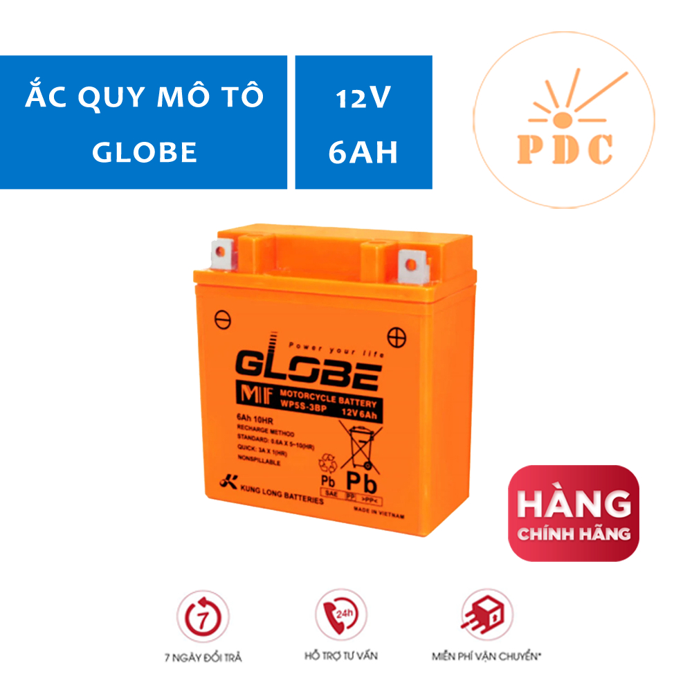 ẮC QUY XE MÁY GLOBE 12V-6AH (10HR), WP5S-3BP (PDC-TECH)