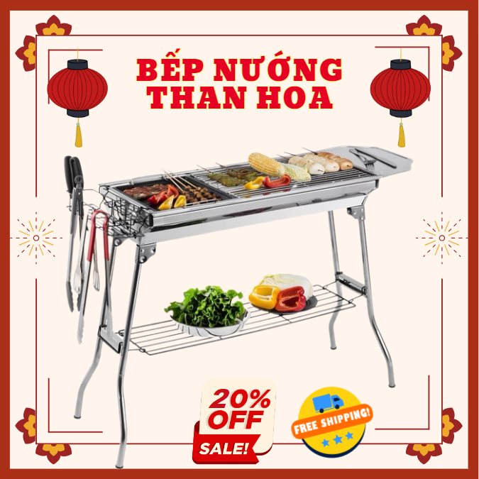 Bếp nướng than hoa BBQ ngoài trời, dã ngoại, chất liệu inox cao cấp, gấp gọn tiện lợi