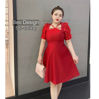 Béo design bigsize đầm cổ yếm tay hoa
