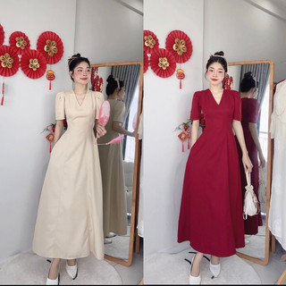 Đầm Cổ V Tay Bồng Cotton Chéo Hàn Xoè