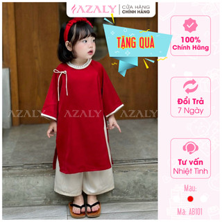 Áo Dài Cách Tân Bé Gái AZALY Đỏ Siêu Xinh Chất Liệu Lụa Cao Cấp TẶNG Kèm Bờm - AB101