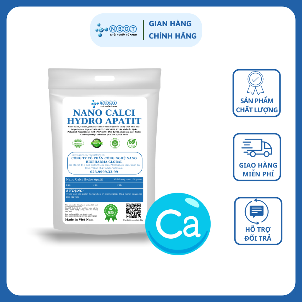 Nguyên liệu dược Mỹ phẩm Nano Calci Hydroxy Apatit NBGT chính hãng 1kg, hỗ trợ tăng cường canxi cho cơ thể