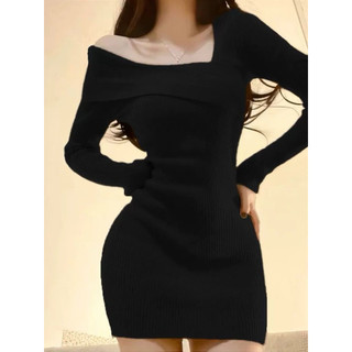 Đầm Ôm Body Lệch Vai Tay Dài Đen Thun Gân Co Giãn Ôm Sát Tôn Dáng BBD132