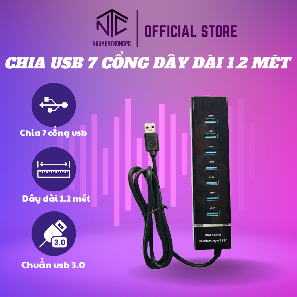 Bộ chia USB 3.0 7 cổng Superspeed 5Gbps dây 1.2m có đèn LED – Hub USB đa năng…