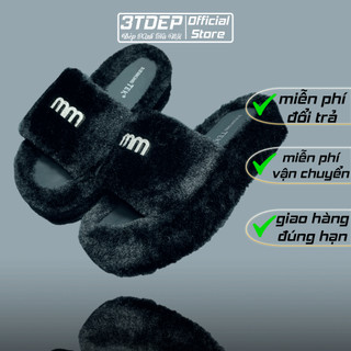 3TDEP - dép lông cừu nữ sang chảnh MM đính đá, bản đế da cao cấp, lùi 1 size