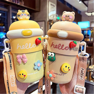 Bình uống nước thuỷ tinh có dây đeo, có ống hút tặng kèm sticker 3D cho bé!