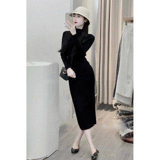 Đầm len tăm cổ lọ dáng dài kín đáo màu đen