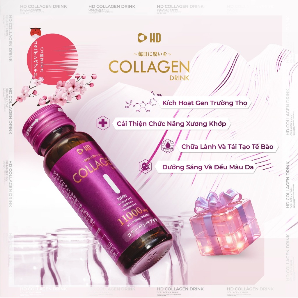 HD Collagen Drink hộp 10 chai - Collagen Peptide 11.000mg