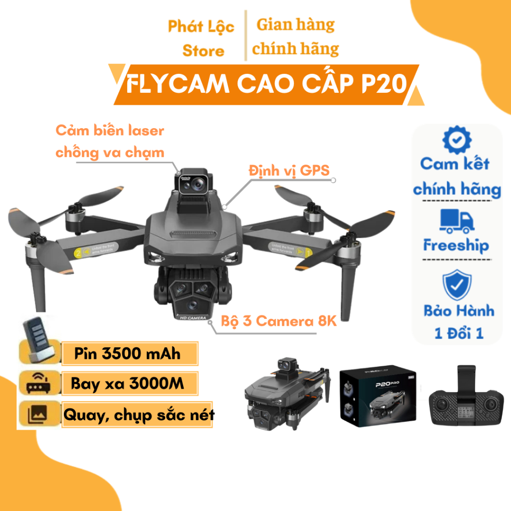 Máy bay điều khiển từ xa Flycam P20 Pro Max pin 3500mAh bay liên tục 35 phút, Play cam tích hợp 4 Camera full HD 8K