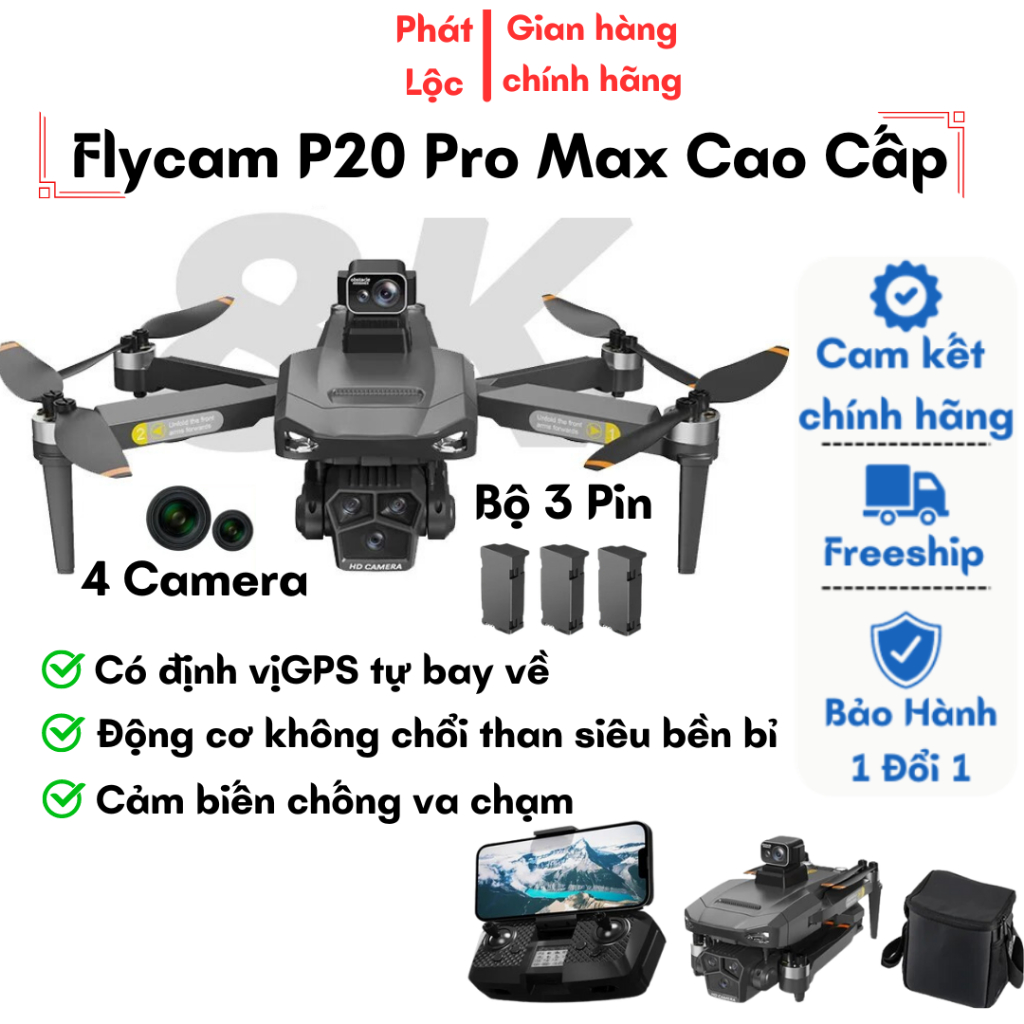 Flycam Camera 8K P20 Pro Max, Drone Mini Cảm Biến Chống Va Chạm, Không Chổi Than, Bay 35 Phút, Xa 3000m | BigBuy360 - bigbuy360.vn