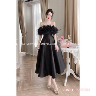 [SMILY] M230 Đầm thiết kế bệt vai đính hoa lông vũ