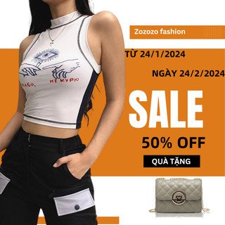 Áo ba lỗ nữ croptop ZOZORO cổ yếm in hình đôi tay