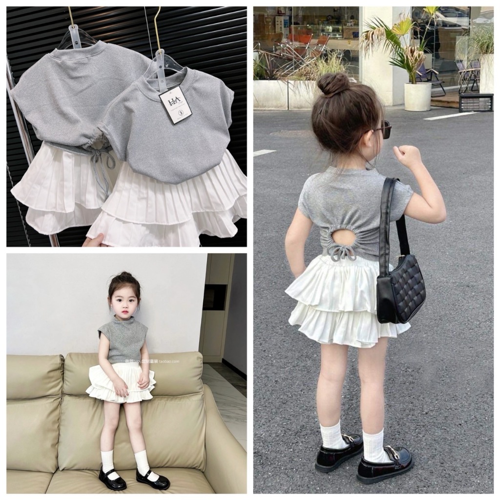[10-31kg] Set Áo XÁM kèm Chân váy dập ly
